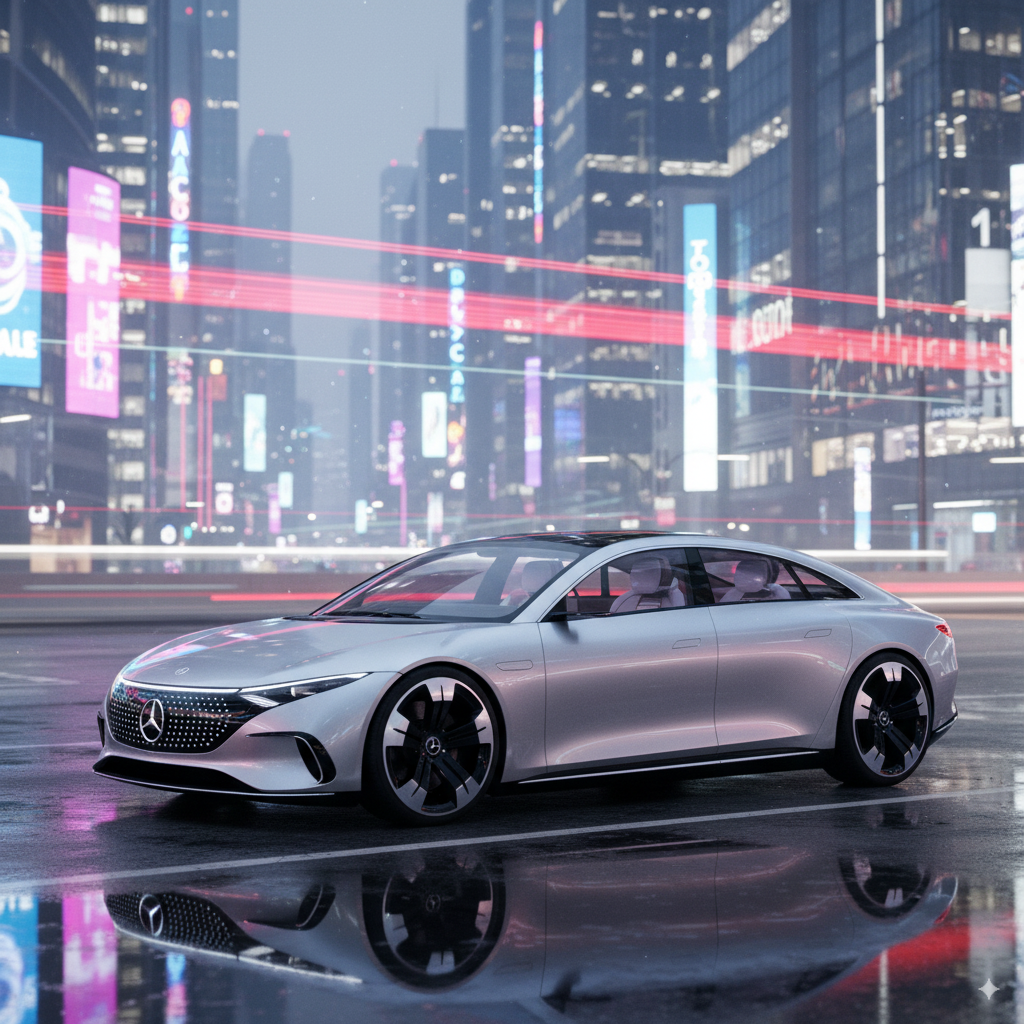 Silver Mercedes EQS concept in neon-lit cityscape at night