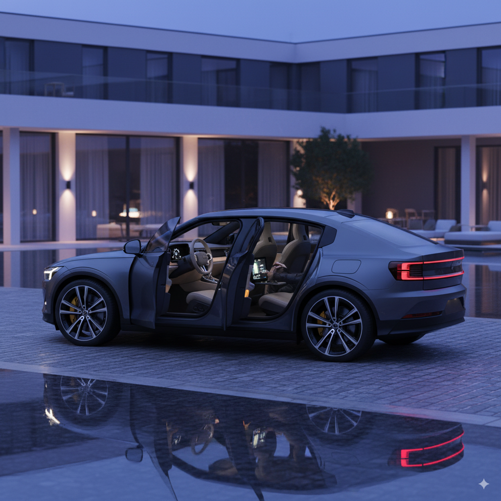 Blue Polestar with doors open at modern luxury villa