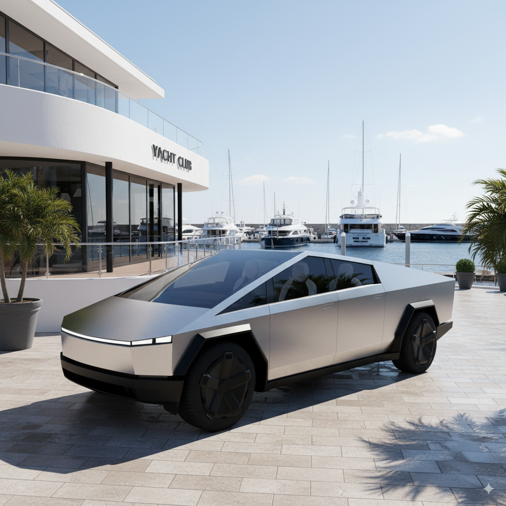 Tesla Cybertruck at exclusive yacht club marina