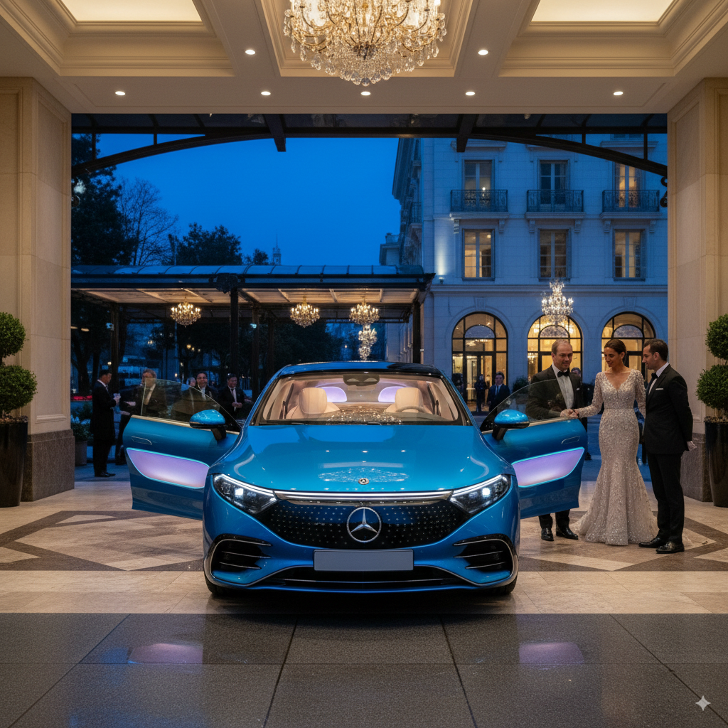 Blue Mercedes at luxury hotel grand entrance