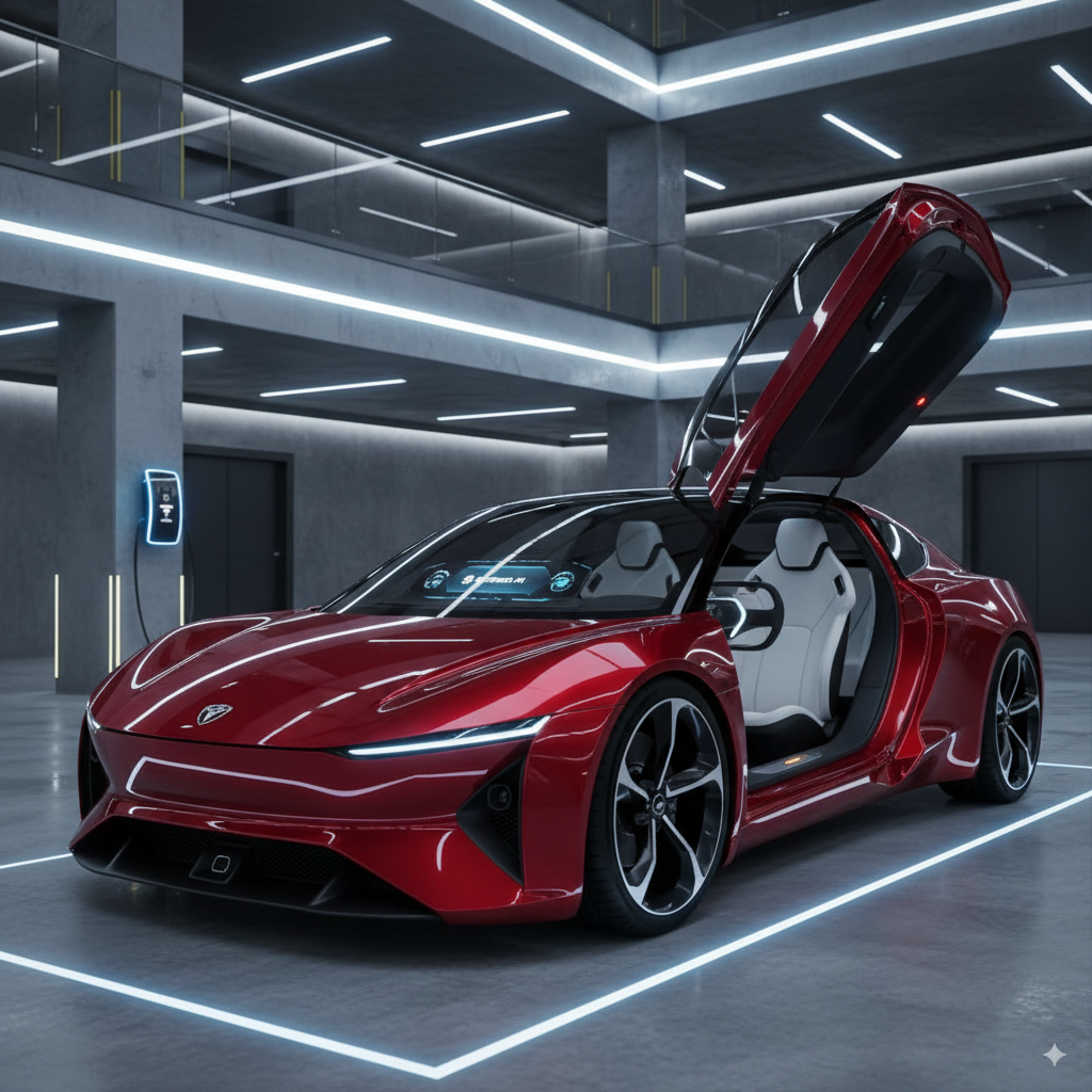 Red sports car with gullwing doors in futuristic garage