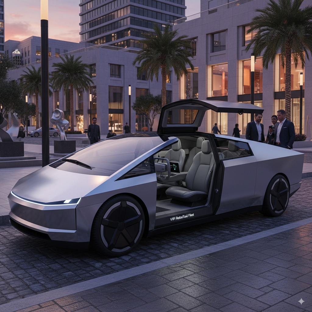 Silver Cybertruck at sunset near modern hotel