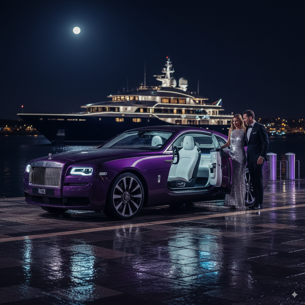 Purple Rolls-Royce at yacht marina under moonlight