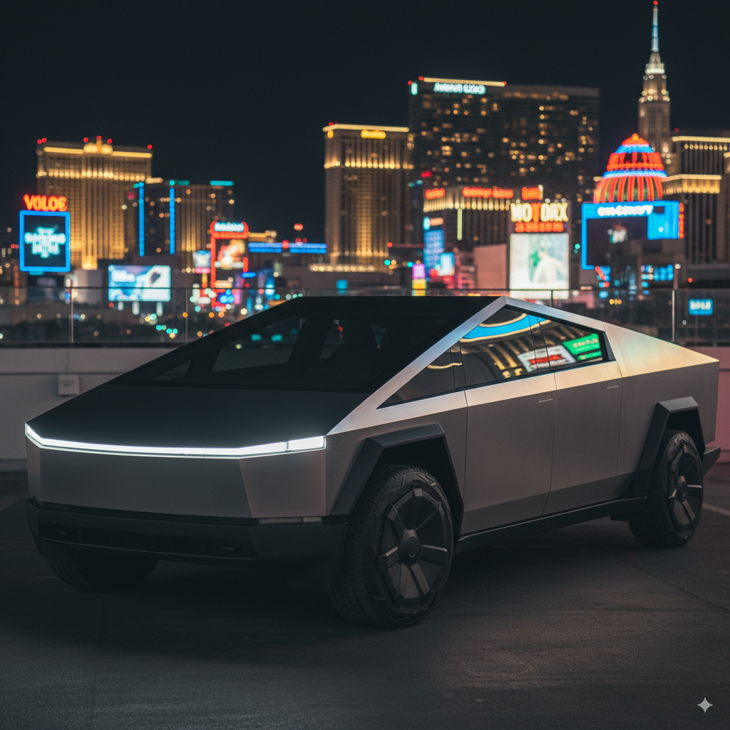 Cybertruck in Las Vegas neon lights at night