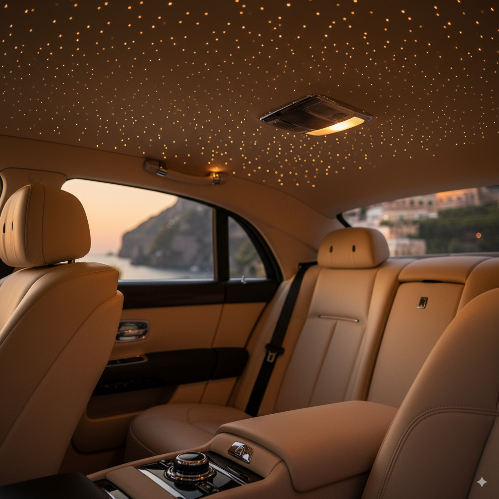 City dawn arrival with autonomous luxury vehicle