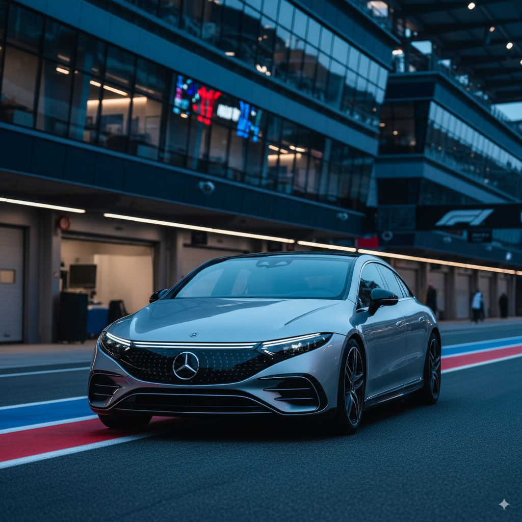 Night skyline view with illuminated vehicle