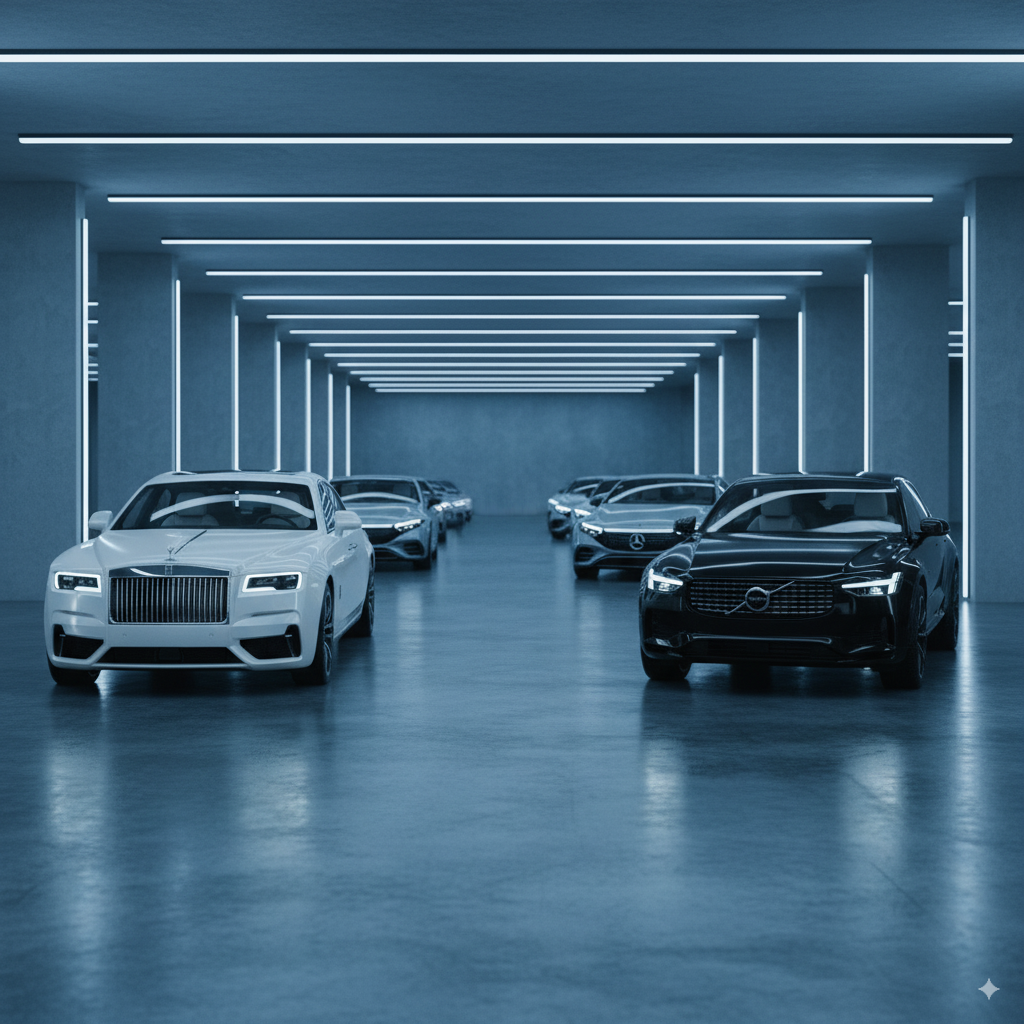 Two luxury vehicles in futuristic illuminated tunnel